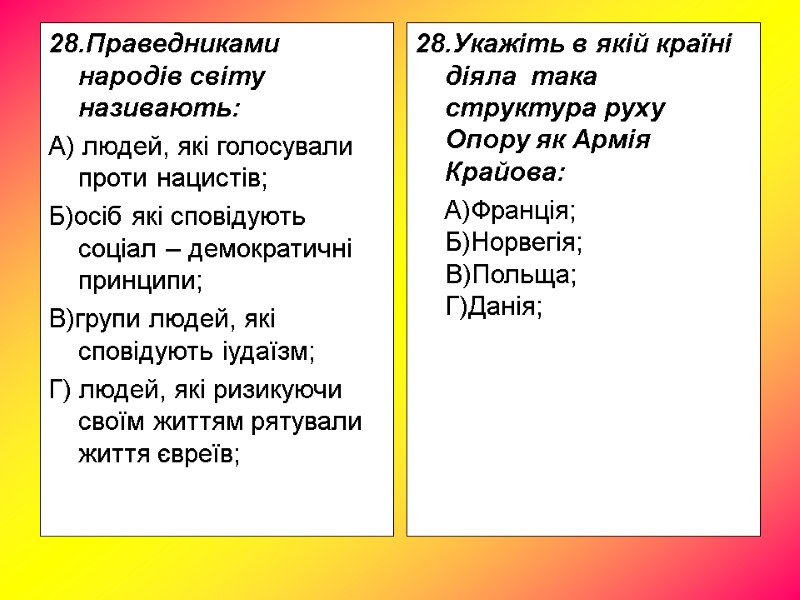 28.Праведниками народів світу називають: А) людей, які голосували проти нацистів; Б)осіб які сповідують соціал 28.Праведниками народів світу називають: А) людей, які голосували проти нацистів; Б)осіб які сповідують соціал